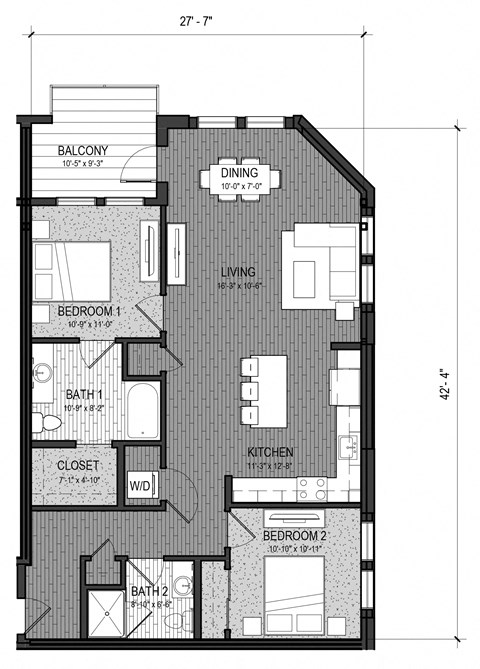 Floor plan for 2 beds, 2 baths, 1109 sqft